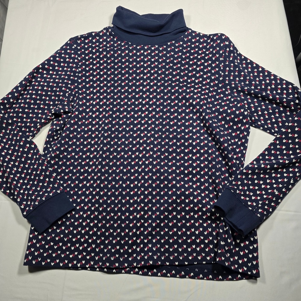 LL Bean Womens Large Navy Blue Heart Print Turtleneck Long Sleeve‎ Cotton Top